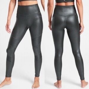 Athleta Women’s Inclination Moto Black Shimmer Leggings Faux Leather Small